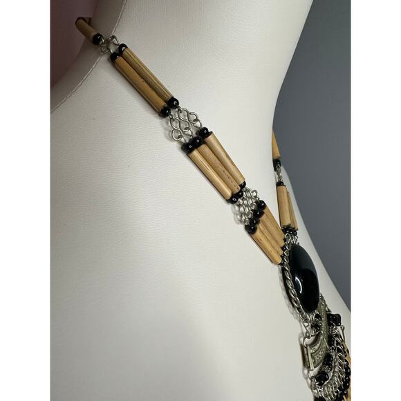 EUC Vintage Black Onyx Bamboo Silver-Tone Necklace Statement Piece Dangle - Picture 6 of 7